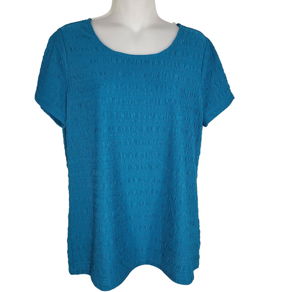 East 5th Womens Top Textured Stretch Blue Blouse Short Sleeve Round Neck Large - Picture 1 of 8